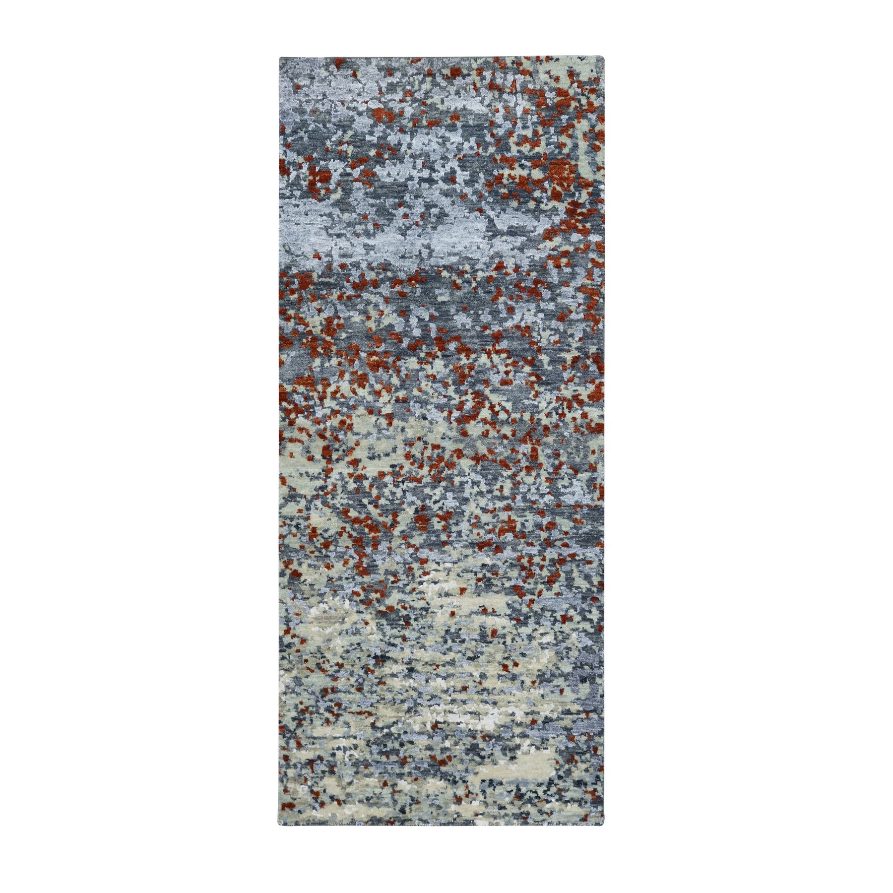 Beige with Rust, Persian Knot, Abstract with Galaxy Design, 100% Wool, Hand Knotted, Densely Woven, Narrow Runner, Oriental Rug